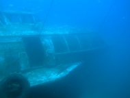 Das Wrack des russischen Tragflächenboots aufrecht auf dem Meeresboden liegend bei El Pajar