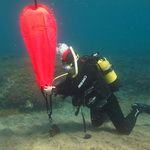 diver inflates buoy underwater in gran canaria