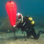 diver inflates buoy underwater in gran canaria