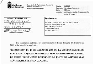 Our diving centre in Gran Canaria holds written authorisation from the Gobierno de Canarias to offer diving excursions and diver training.