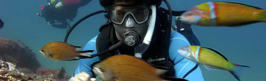 Scuba Diver on Open Water Diving course underwater in the Canary Islands